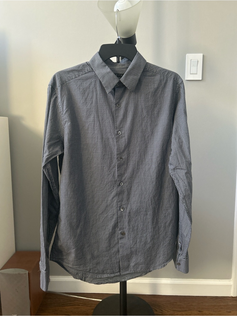 Theory Men's Black, White, Blue Microcheck / Houndstooth Dress Shirt